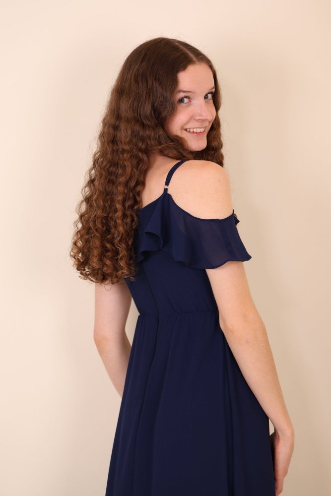 Off - Shoulder Abendkleid mit Beinschlitz, dunkelblau - Dein Kleiderladen