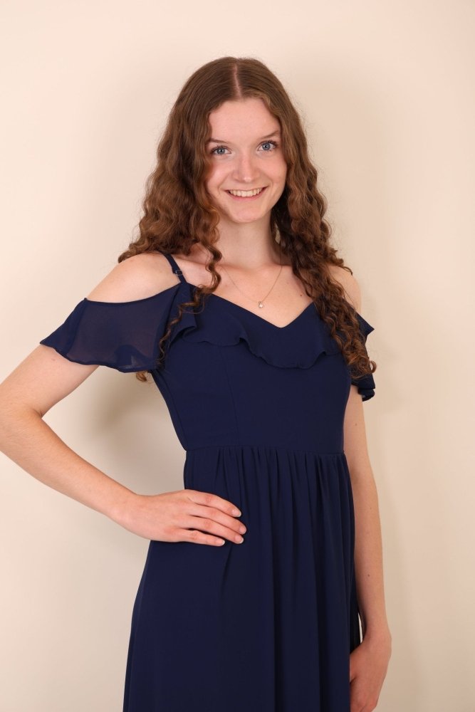 Off - Shoulder Abendkleid mit Beinschlitz, dunkelblau - Dein Kleiderladen
