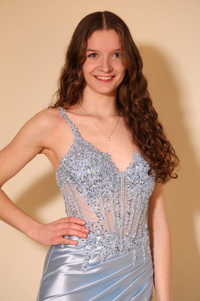 Satin - Abendkleid mit Corsage, Schnürung & Schlitz, hellblau - Dein Kleiderladen