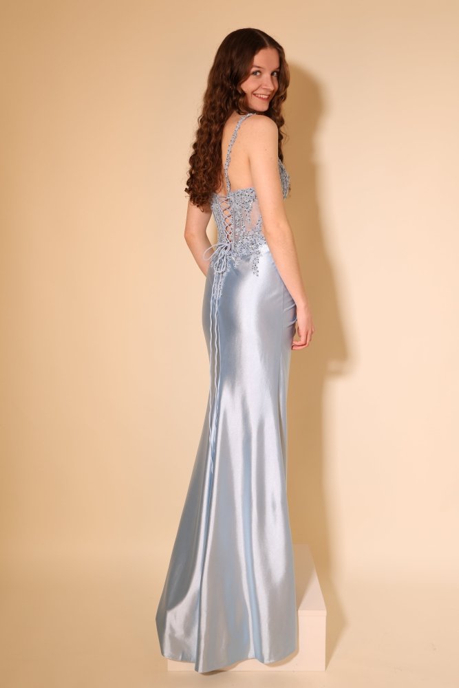 Satin - Abendkleid mit Corsage, Schnürung & Schlitz, hellblau - Dein Kleiderladen