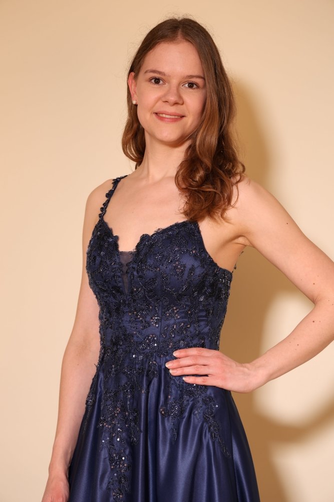 Satin - Ballkleid mit floraler Spitze & Rückenschnürung, dunkelblau - Dein Kleiderladen