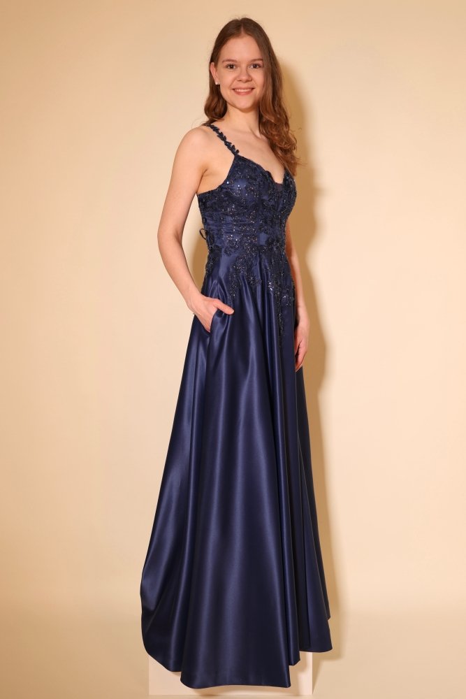 Satin - Ballkleid mit floraler Spitze & Rückenschnürung, dunkelblau - Dein Kleiderladen