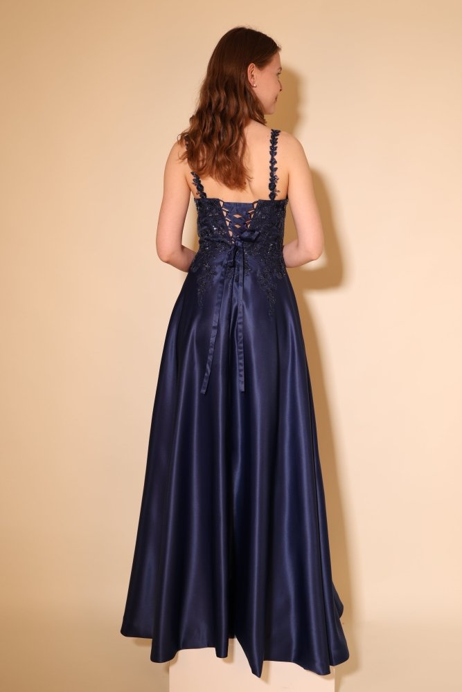 Satin - Ballkleid mit floraler Spitze & Rückenschnürung, dunkelblau - Dein Kleiderladen