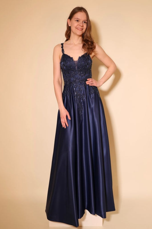 Satin - Ballkleid mit floraler Spitze & Rückenschnürung, dunkelblau - Dein Kleiderladen