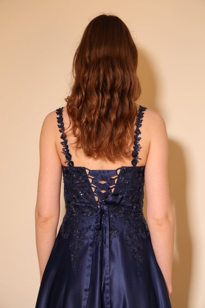 Satin - Ballkleid mit floraler Spitze & Rückenschnürung, dunkelblau - Dein Kleiderladen