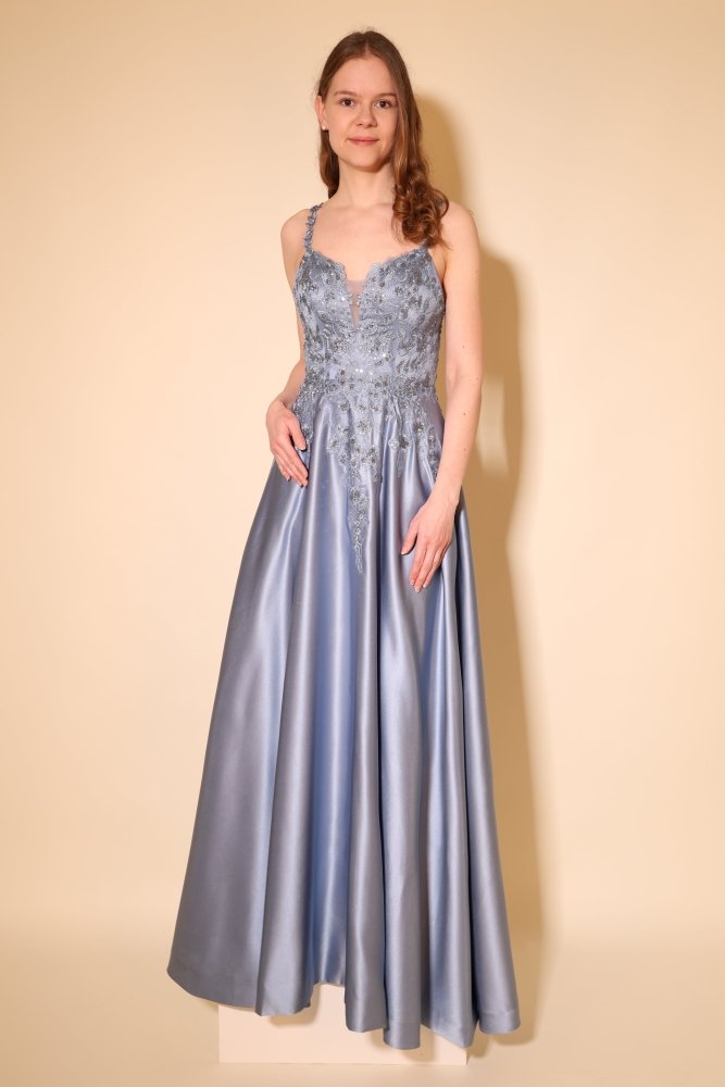 Satin - Ballkleid mit floraler Spitze & Rückenschnürung, graublau - Dein Kleiderladen