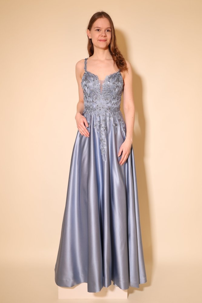 Satin - Ballkleid mit floraler Spitze & Rückenschnürung, graublau - Dein Kleiderladen
