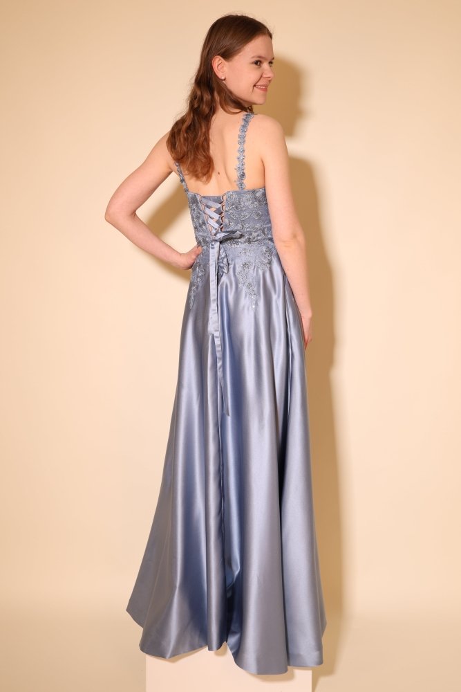 Satin - Ballkleid mit floraler Spitze & Rückenschnürung, graublau - Dein Kleiderladen