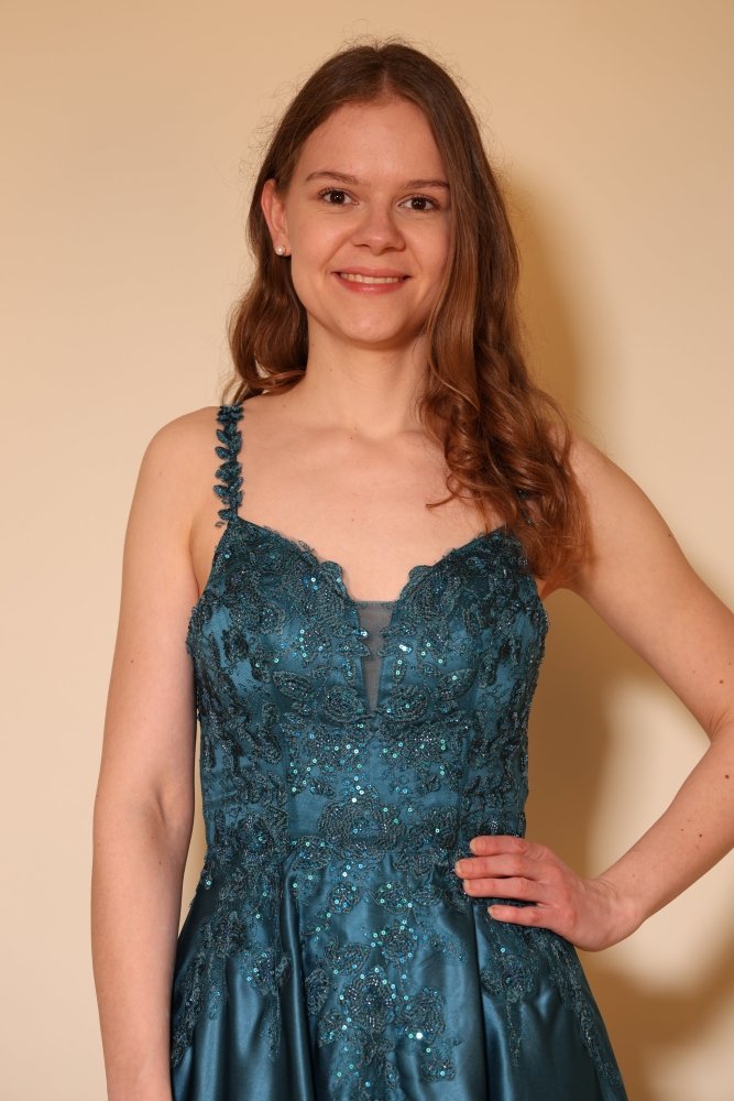 Satin - Ballkleid mit floraler Spitze & Rückenschnürung, petrol - Dein Kleiderladen