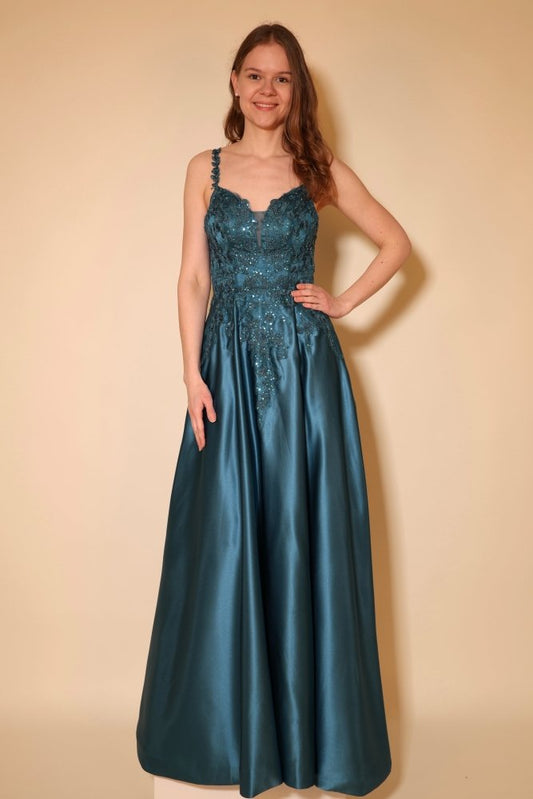 Satin - Ballkleid mit floraler Spitze & Rückenschnürung, petrol - Dein Kleiderladen