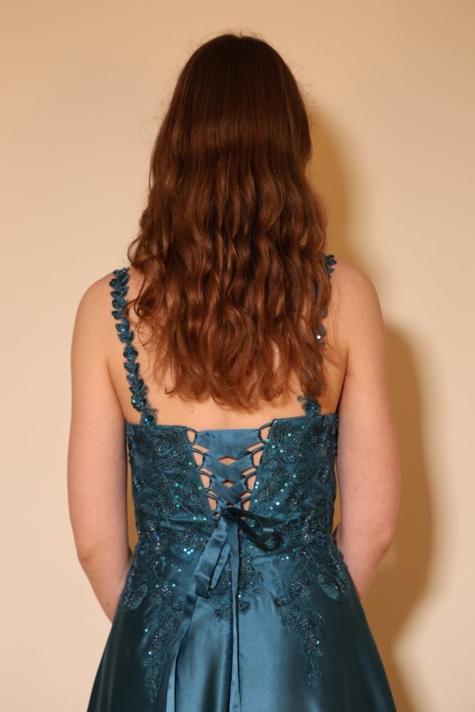 Satin - Ballkleid mit floraler Spitze & Rückenschnürung, petrol - Dein Kleiderladen
