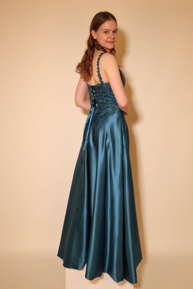 Satin - Ballkleid mit floraler Spitze & Rückenschnürung, petrol - Dein Kleiderladen