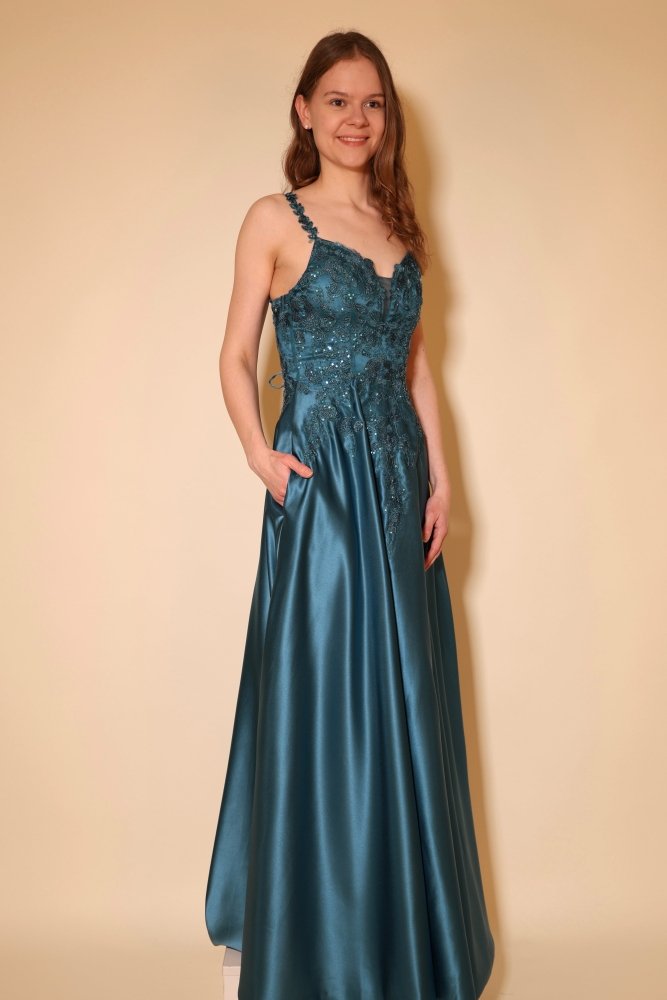 Satin - Ballkleid mit floraler Spitze & Rückenschnürung, petrol - Dein Kleiderladen