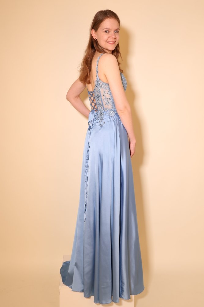 Satin - Ballkleid mit floraler Spitzencorsage, Beinschlitz und Rückenschnürung, hellblau - Dein Kleiderladen
