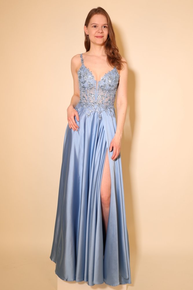 Satin - Ballkleid mit floraler Spitzencorsage, Beinschlitz und Rückenschnürung, hellblau - Dein Kleiderladen