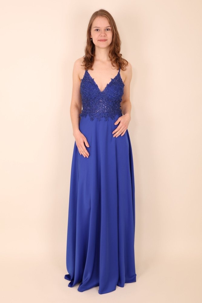 Satinkleid mit Spitze und Beinschlitz, royalblau - Dein Kleiderladen