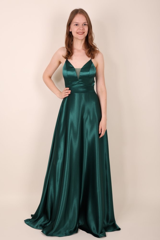 Satinkleid mit tiefem Herzausschnitt & Spaghettiträgern, dunkelgrün - Dein Kleiderladen
