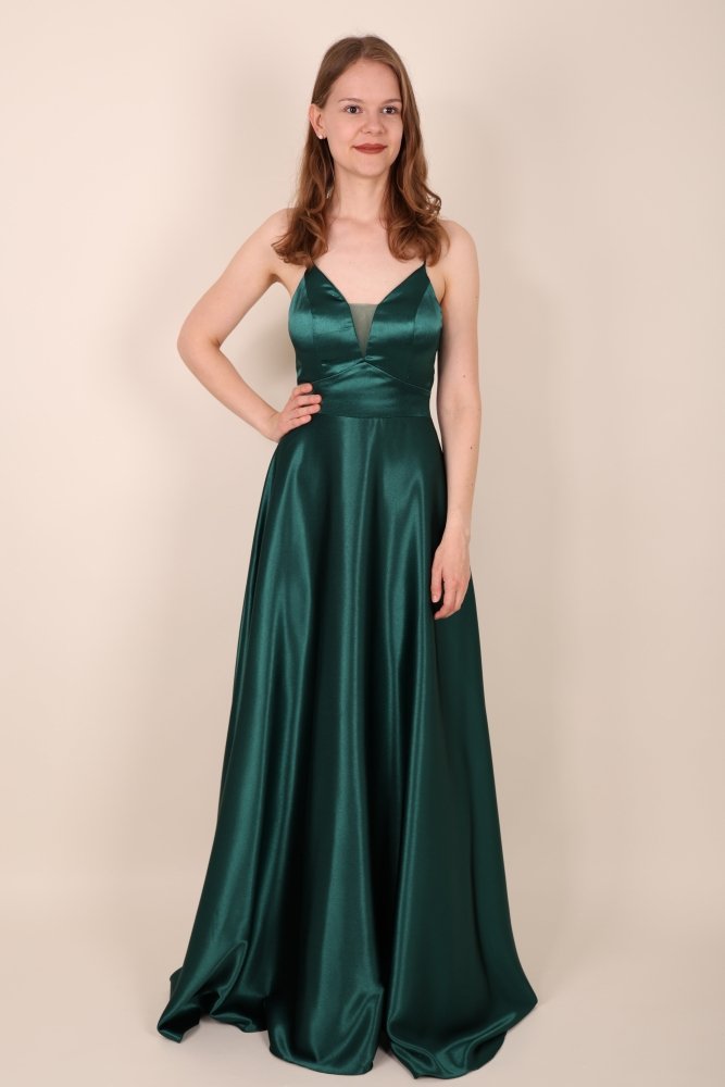 Satinkleid mit tiefem Herzausschnitt & Spaghettiträgern, dunkelgrün - Dein Kleiderladen