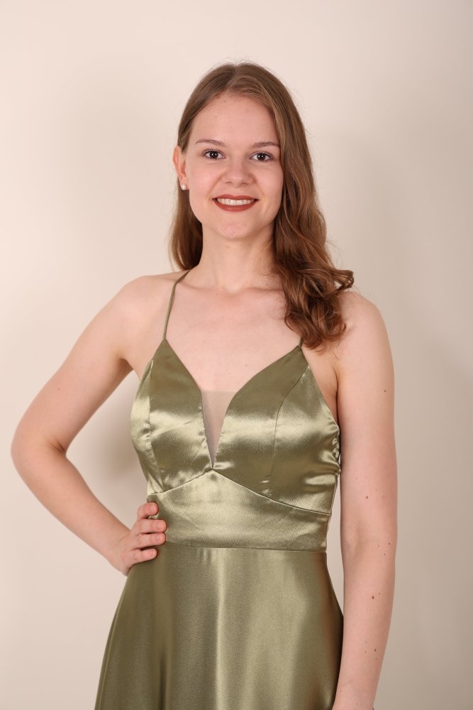 Satinkleid mit tiefem Herzausschnitt & Spaghettiträgern, oliv - Dein Kleiderladen