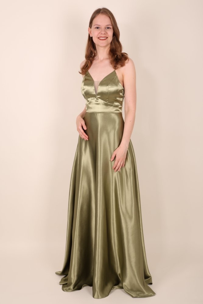 Satinkleid mit tiefem Herzausschnitt & Spaghettiträgern, oliv - Dein Kleiderladen