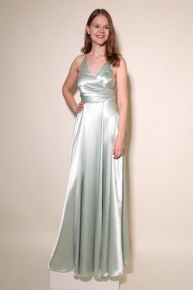 Satinkleid mit V - Ausschnitt, Schnürung und Schlitz, mint - Dein Kleiderladen