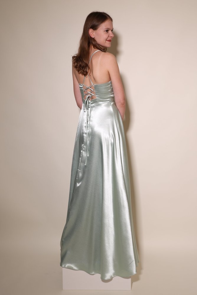 Satinkleid mit V - Ausschnitt, Schnürung und Schlitz, mint - Dein Kleiderladen