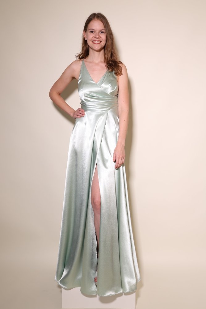 Satinkleid mit V - Ausschnitt, Schnürung und Schlitz, mint - Dein Kleiderladen
