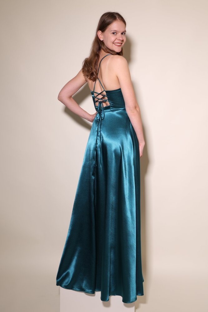 Satinkleid mit V - Ausschnitt, Schnürung und Schlitz, petrol - Dein Kleiderladen