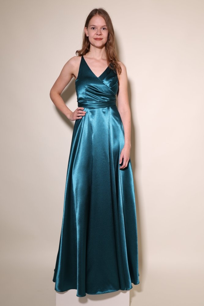 Satinkleid mit V - Ausschnitt, Schnürung und Schlitz, petrol - Dein Kleiderladen