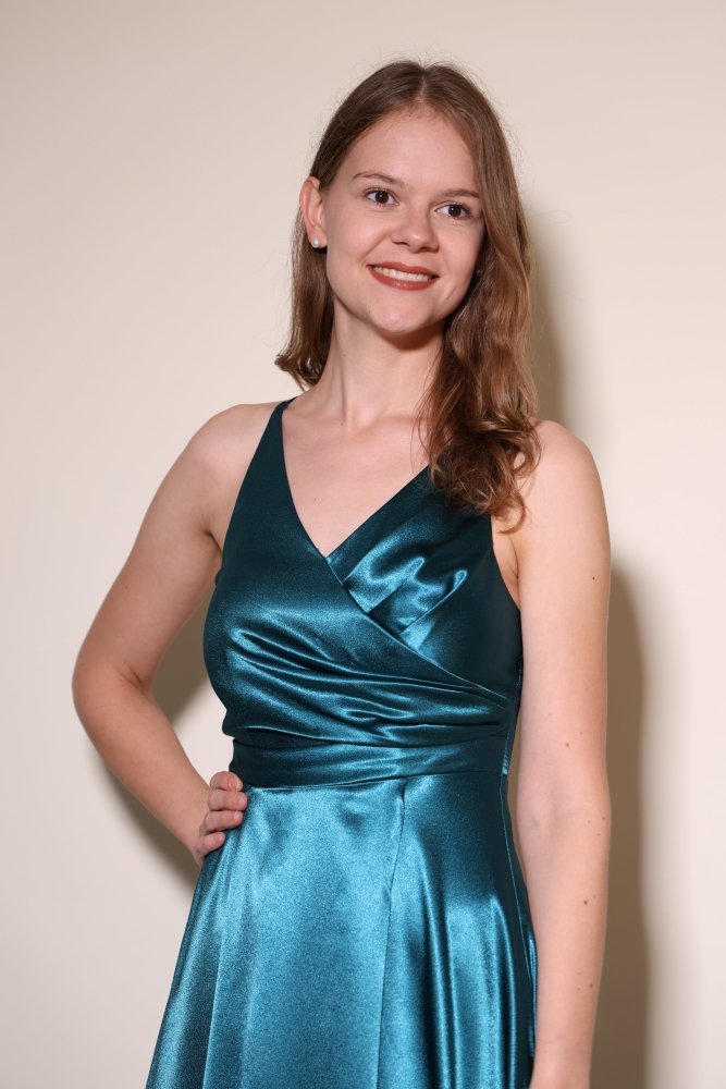 Satinkleid mit V - Ausschnitt, Schnürung und Schlitz, petrol - Dein Kleiderladen