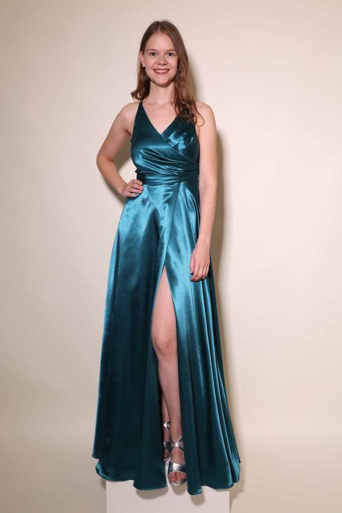 Satinkleid mit V - Ausschnitt, Schnürung und Schlitz, petrol - Dein Kleiderladen