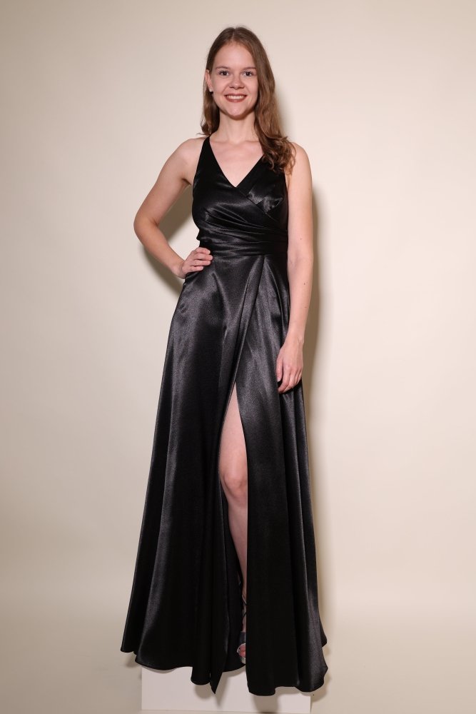 Satinkleid mit V - Ausschnitt, Schnürung und Schlitz, schwarz - Dein Kleiderladen