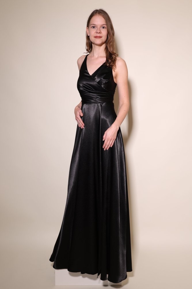 Satinkleid mit V - Ausschnitt, Schnürung und Schlitz, schwarz - Dein Kleiderladen