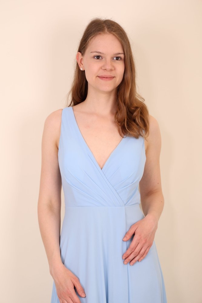Schlichtes Abendkleid mit V - Ausschnitt & Beinschlitz, hellblau - Dein Kleiderladen