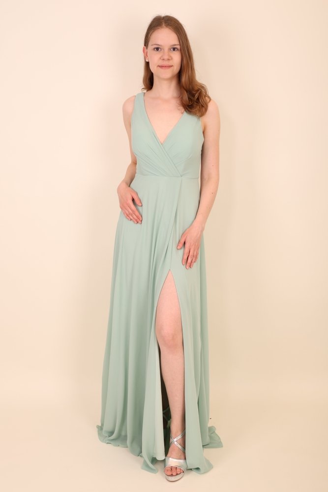 Schlichtes Abendkleid mit V - Ausschnitt & Beinschlitz, mint - Dein Kleiderladen