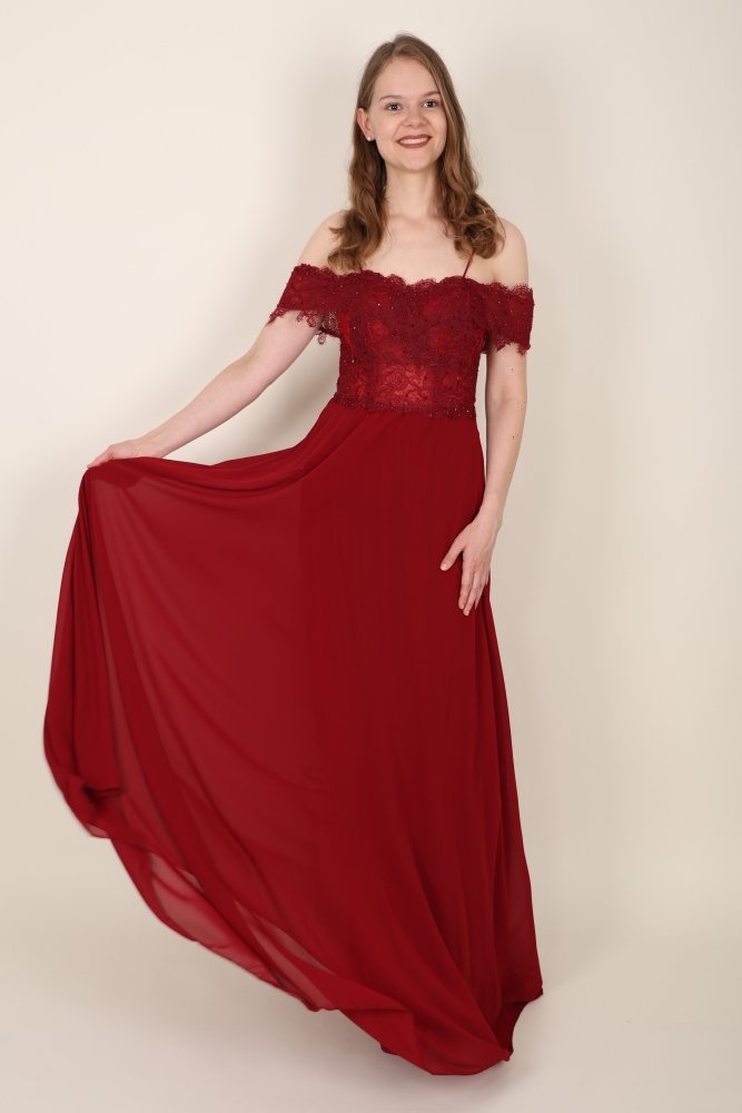 Schulterfreies Abendkleid mit Spitze, dunkelrot - Dein Kleiderladen