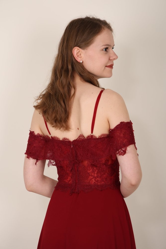 Schulterfreies Abendkleid mit Spitze, dunkelrot - Dein Kleiderladen