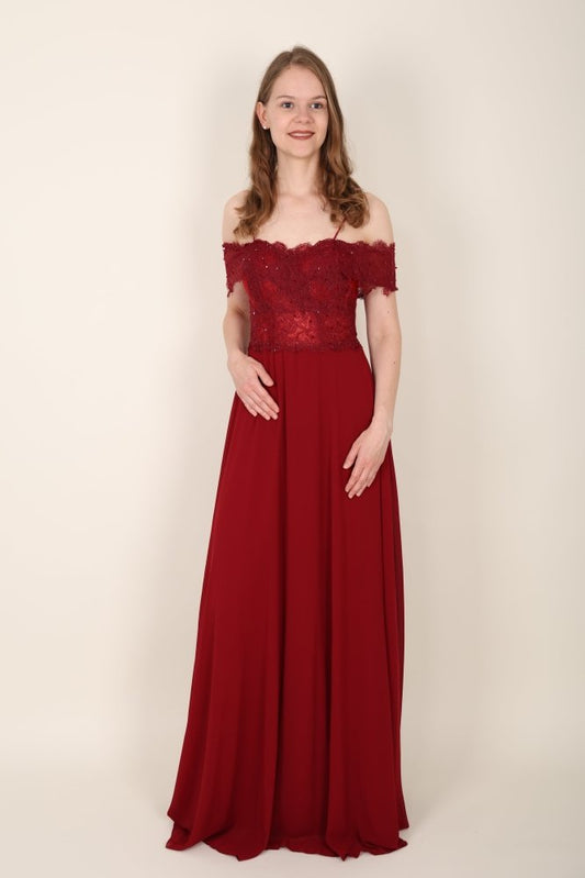 Schulterfreies Abendkleid mit Spitze, dunkelrot - Dein Kleiderladen