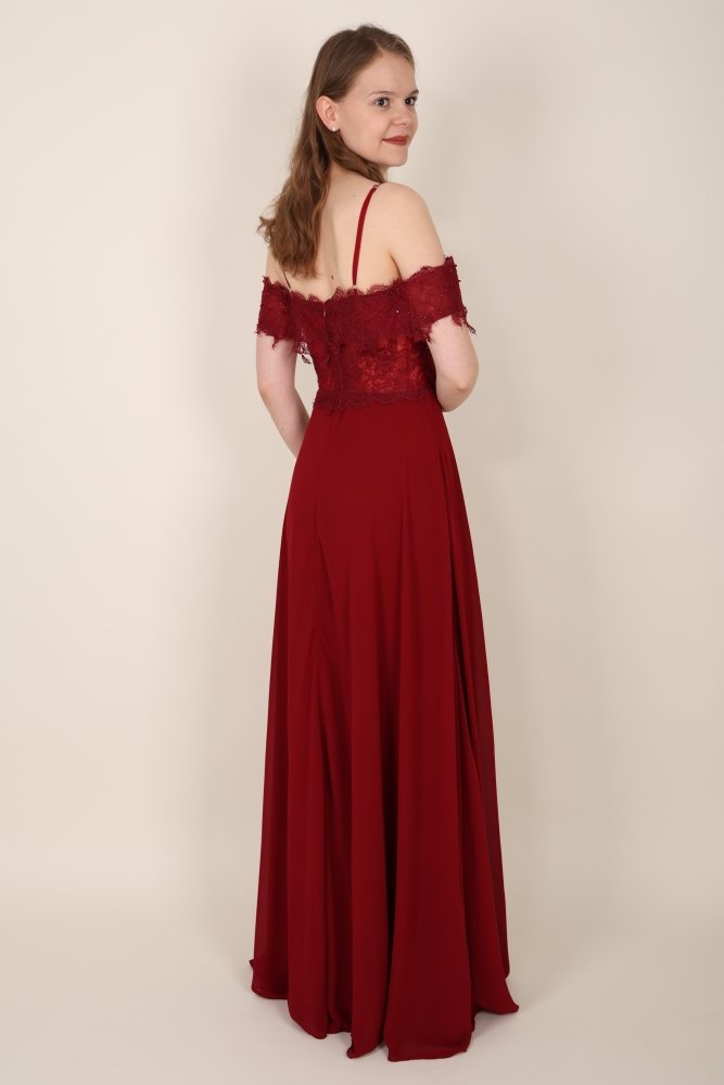 Schulterfreies Abendkleid mit Spitze, dunkelrot - Dein Kleiderladen