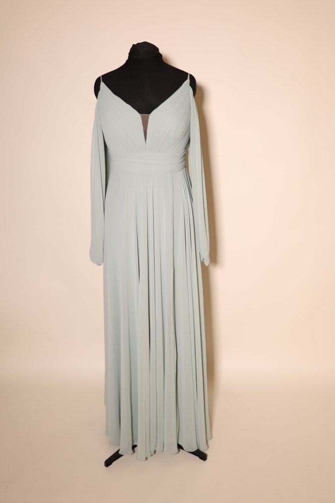 Second Hand Abendkleid mit tiefem V - Ausschnitt, langen Cape - Ärmeln und fließendem Chiffon - Maxirock, mint - Dein Kleiderladen