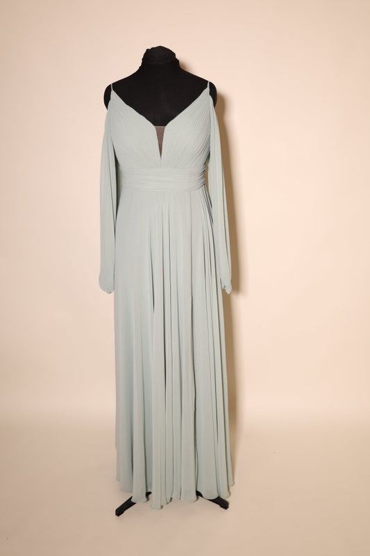 Second Hand Abendkleid mit tiefem V - Ausschnitt, langen Cape - Ärmeln und fließendem Chiffon - Maxirock, mint - Dein Kleiderladen