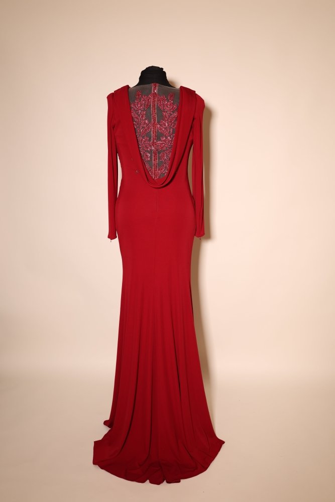 Second Hand Abendkleid mit U - Boot - Rücken - Ausschnitt und Meerjungfrauenrock, rot - Dein Kleiderladen
