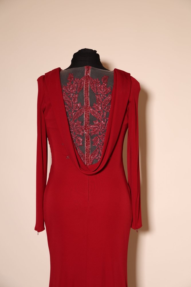 Second Hand Abendkleid mit U - Boot - Rücken - Ausschnitt und Meerjungfrauenrock, rot - Dein Kleiderladen