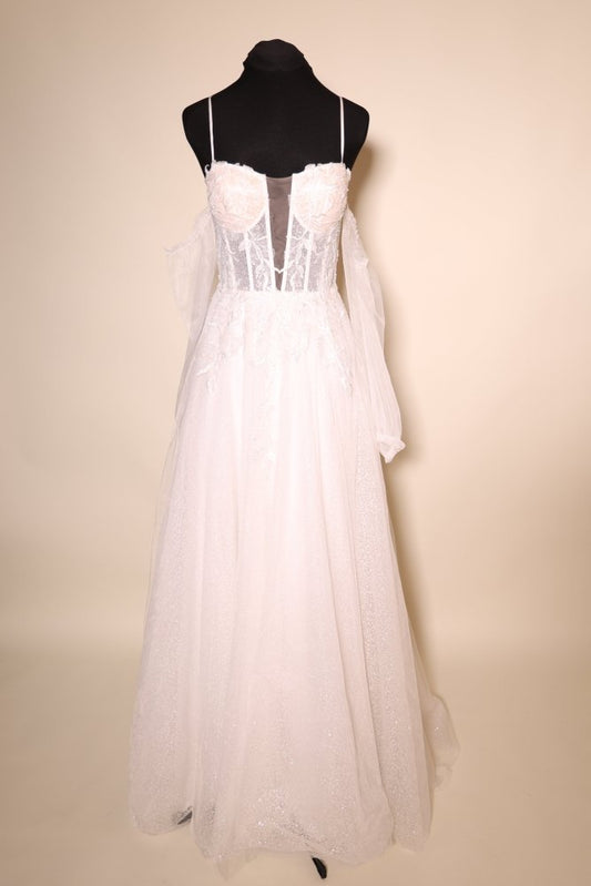 Second Hand Brautkleid mit Corsagen - Oberteil, Tüllärmeln und Glitzertüllrock, ivory - Dein Kleiderladen