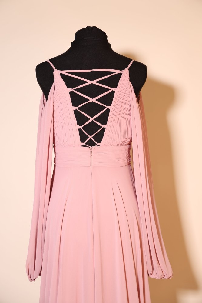 Second Hand Chiffonkleid mit langem Ärmlen und Rückenschnürung, rosa - Dein Kleiderladen