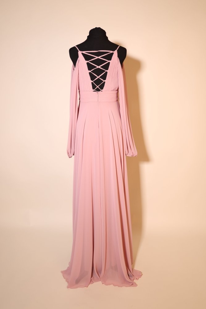 Second Hand Chiffonkleid mit langem Ärmlen und Rückenschnürung, rosa - Dein Kleiderladen