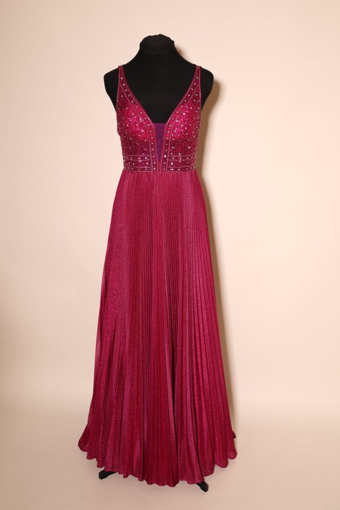 Second - Hand Chiffonkleid mit V - Ausschnitt, ausgefallenem Rückenausschnitt und Plisseerock, pink - Dein Kleiderladen