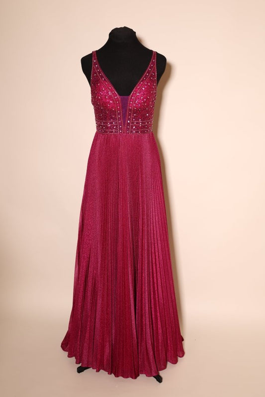 Second - Hand Chiffonkleid mit V - Ausschnitt, ausgefallenem Rückenausschnitt und Plisseerock, pink - Dein Kleiderladen