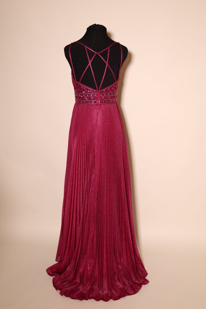 Second - Hand Chiffonkleid mit V - Ausschnitt, ausgefallenem Rückenausschnitt und Plisseerock, pink - Dein Kleiderladen
