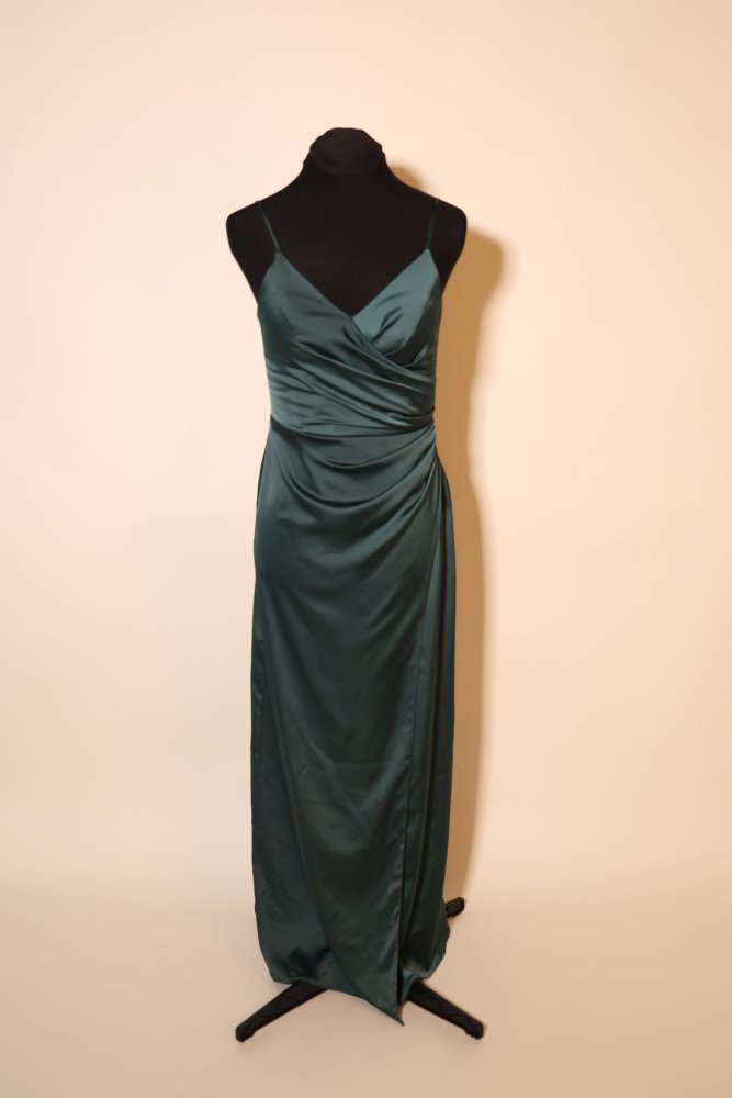 Second Hand elegantes Satin - Abendkleid mit V - Ausschnitt, dunkelgrün - Dein Kleiderladen